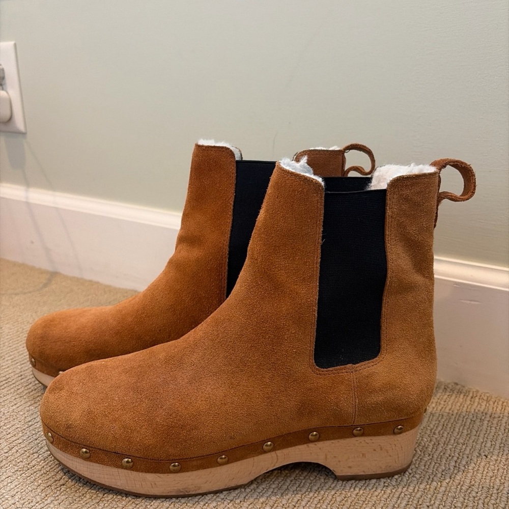 J. Crew Tan Clog Boots with faux fur lining size 10.5